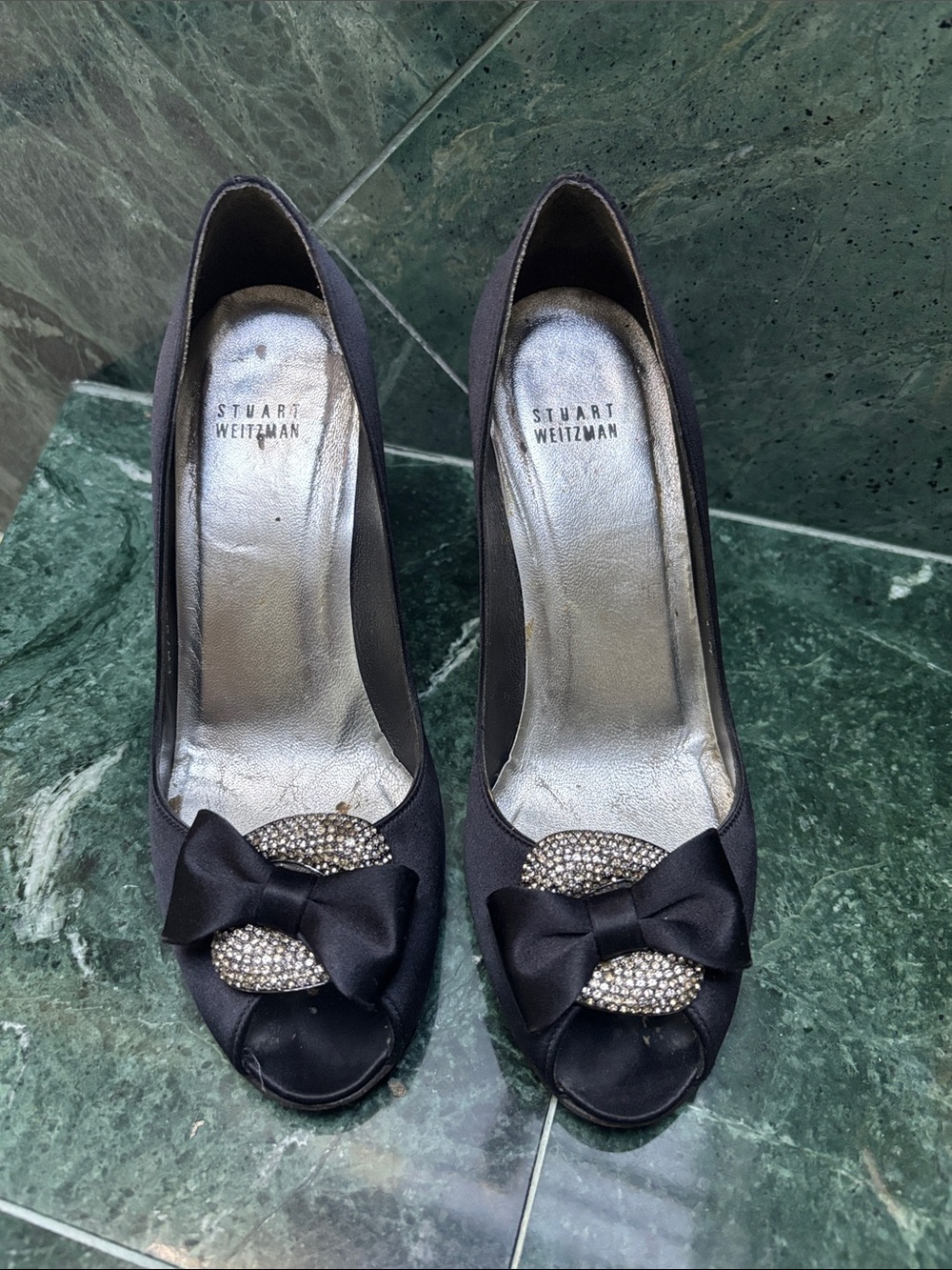 Stuart Weitzman Black Satin Peep-Toe Heels with Crystal Bow Accent